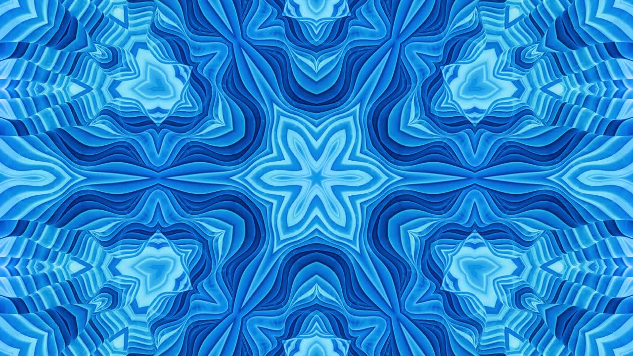 アブストラクト・シンメトリック・バックグラウンド・ウィズ・スター・シンメトリー (mandala with waves) ループ・アブトラクト・ブルー・リキッド・バックグラౌండ్・ウィズウォービー・スパークリング・パターン (wavy sparkling pattern) 輝く光沢のある表面 (shiny glossy surface) カレードスコップ効果 (kaleidos