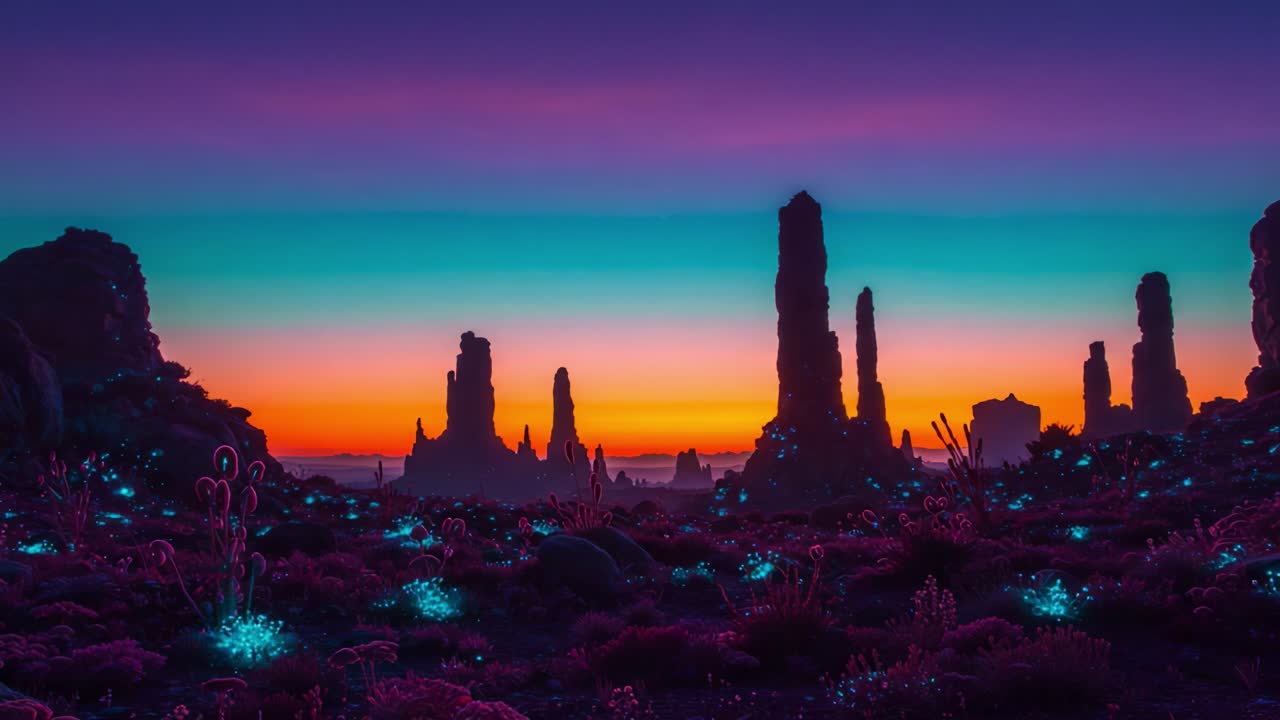 A Stunning Twilight Landscape Showcasing Ethereal Rock Formations and Vibrant Bioluminescent Flora Under a Mesmerizing Sunset Sky
