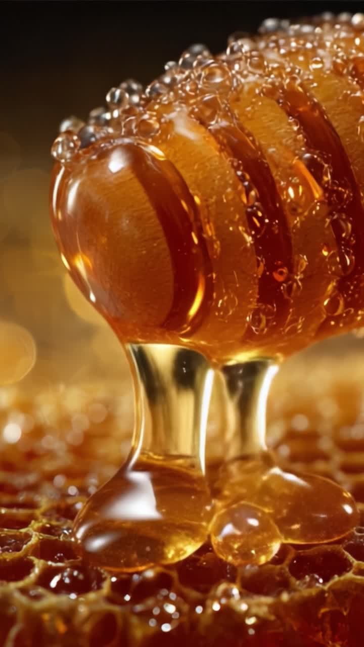 Primo Piano Accattivante di Miele che Cola con Bolle e una Tonalità Dorata, che Mostra la Ricca Consistenza e Dolcezza dello Squisito Sciroppo della Natura