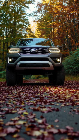 suv on an autumn forest road
