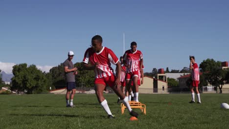 rugby players training on the field