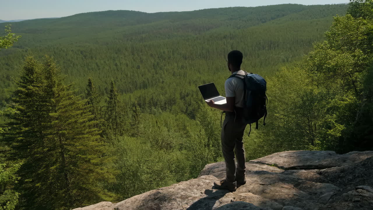 Man working on laptop in nature
