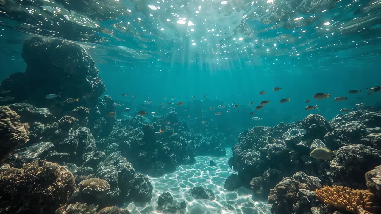 Underwater scene of coral reef with fish and sunlight