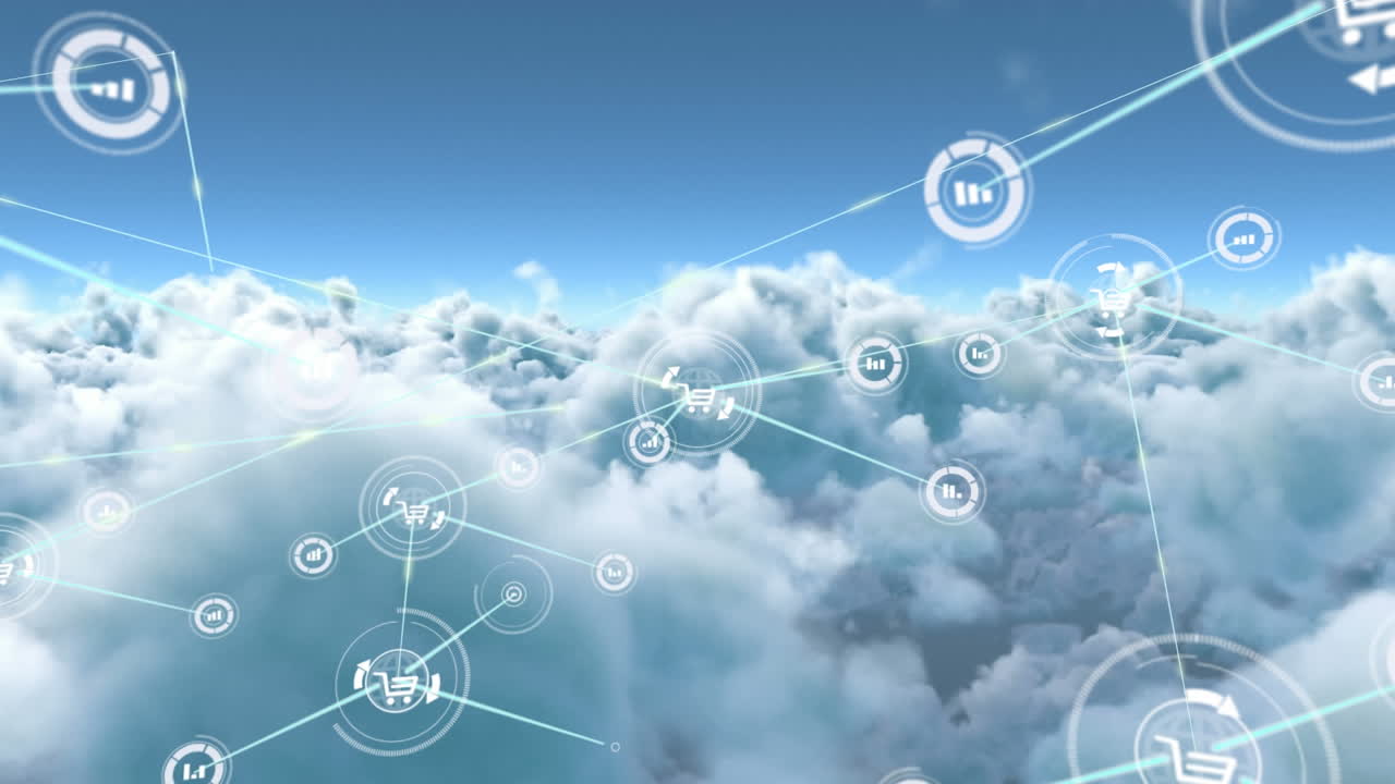 animación de redes de conexiones con iconos en el cielo