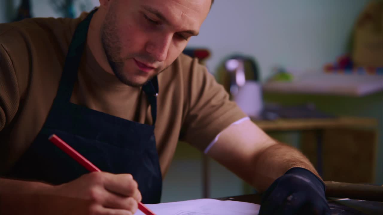 Primo piano di uomo che disegna con matita rossa in laboratorio