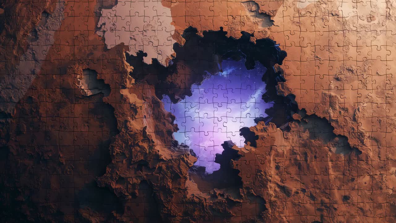 Nucleo viola-blu incandescente che si intensifica sotto una griglia arrugginita a incastro, foro per il pezzo mancante che espone la luce