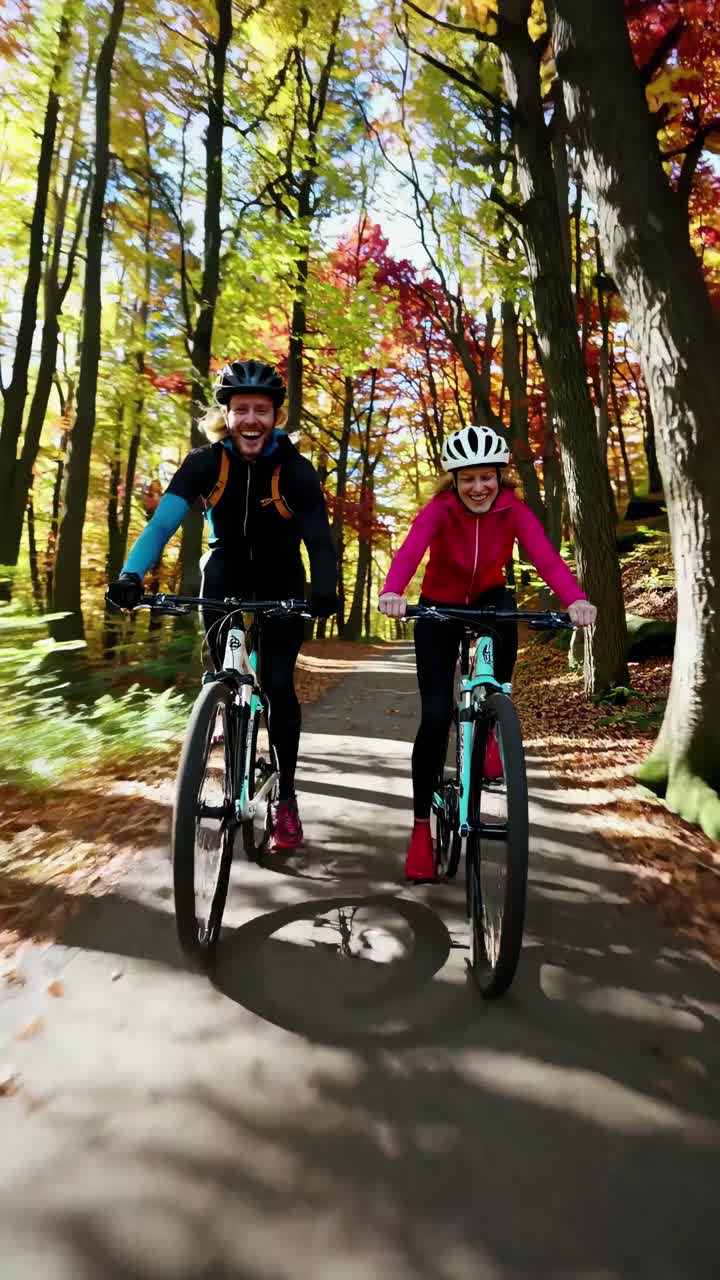 Dynamic low-angle video of two cyclists in vibrant autumn forest, capturing motion and joy