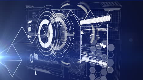 animation of scope scanning and data processing over screen on blue background