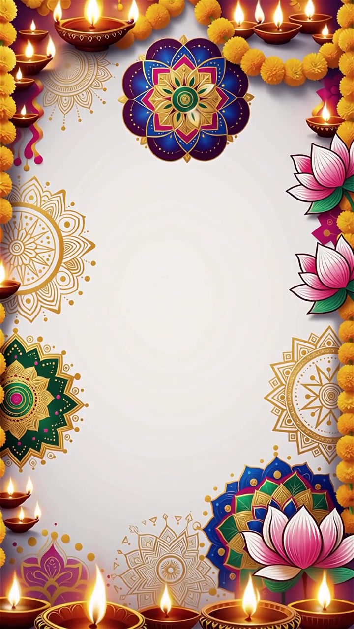Sfondo Diwali con Diyas luminosi, Rangoli e fiori di loto