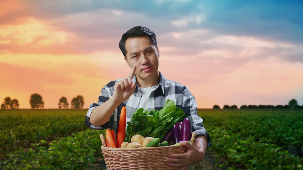 해가 지는 동안 채소 바구니를 들고 있는 농부