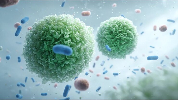 Grønne biologiske celler flydende med mindre partikler i mikroskopisk væske