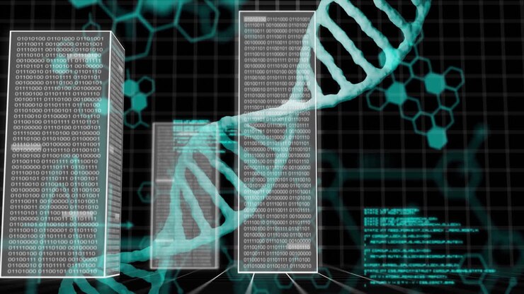 DNA strands and binary coding, scientific data processing animation