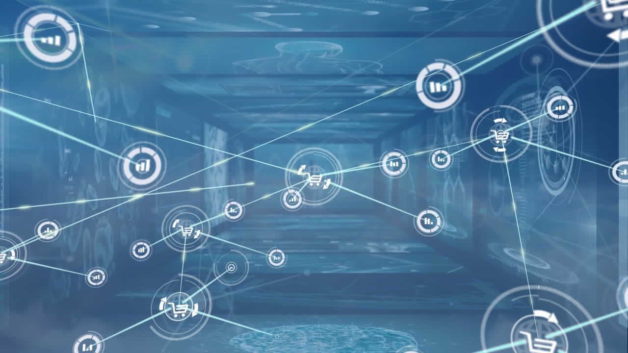 animación de la red de conexiones y procesamiento de datos a través de pantallas.