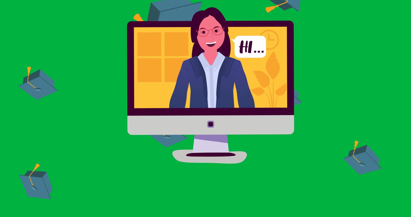 Female teacher on video call and multiple graduation cap icons falling against black background