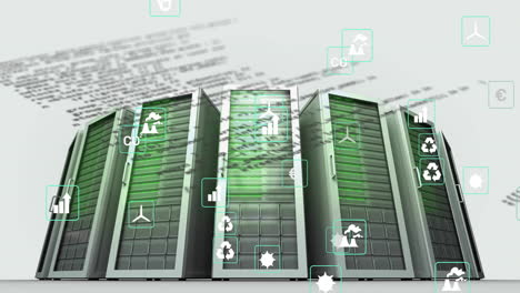 animation of eco icons and data processing over computer servers