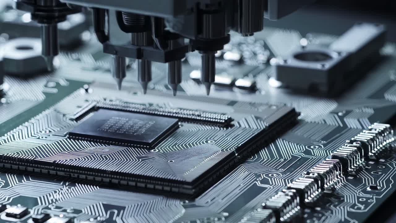 Close-up video of a circuit board with a focus on microchips and intricate pathways