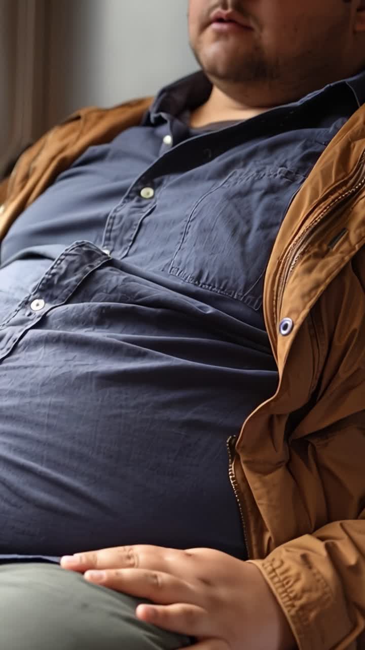 Heavy man sits quietly, hands resting on belly. He wears navy shirt under tan jacket. His posture shows calm, unemotional stillness. This video highlights weight and seated rest