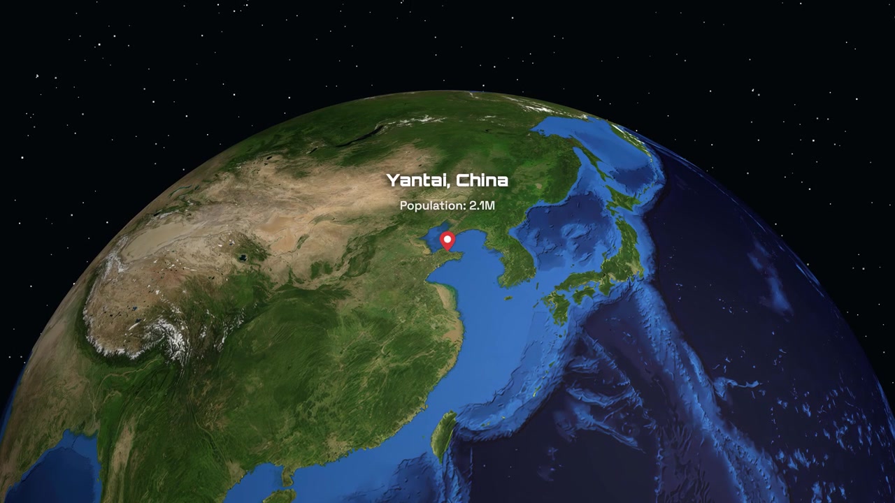 A digital animation zooms from space into Yantai, China, displaying local population statistics