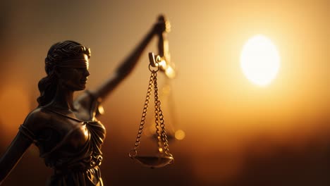 justice statue holding scales at sunset, various focus and cropping