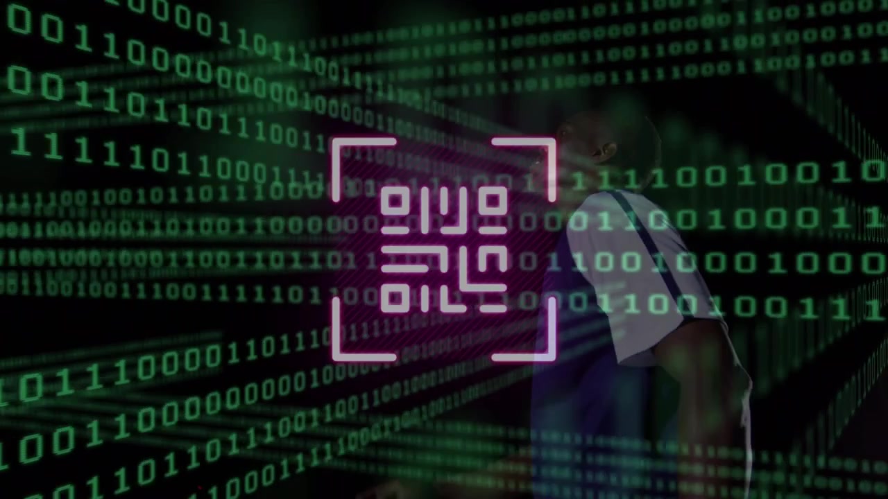 Neon qr code and binary coding over african american male soccer player bicycle kicking the ball