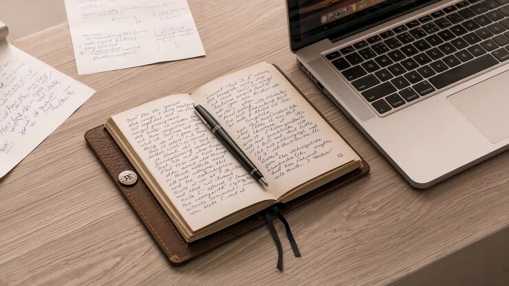 Bevægende kamera afslører en åben læderjournal på et skrivebord i hjemmet, der viser detaljer om pen og laptop.