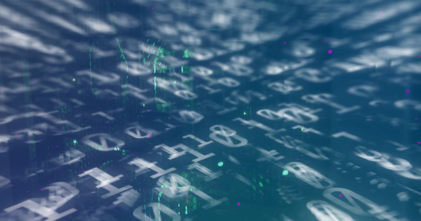Offscreen projector sending white code streaming warping across mesh floor showing data flow