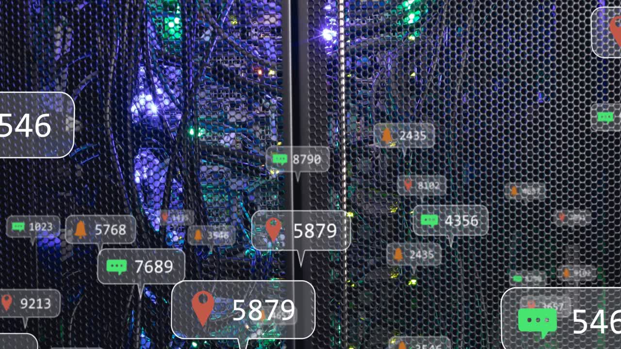 Animation of social media icons and data processing over computer server
