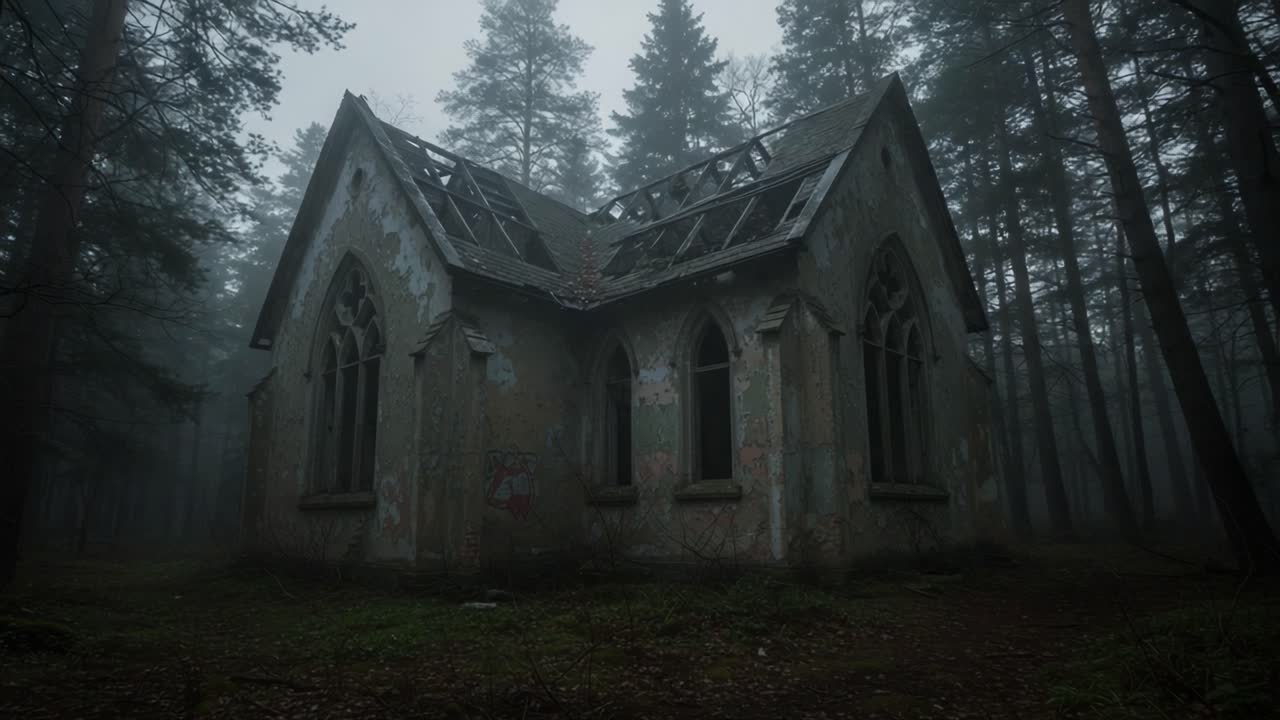 Mysterious Abandoned Church in Enigmatic Forest: A Hauntingly Beautiful Exploration of Decay and Nature's Reclamation Within the Fog-Shrouded Landscape