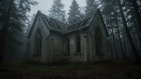 Mysterious Abandoned Church in Enigmatic Forest: A Hauntingly Beautiful Exploration of Decay and Nature&#039;s Reclamation Within the Fog-Shrouded Landscape