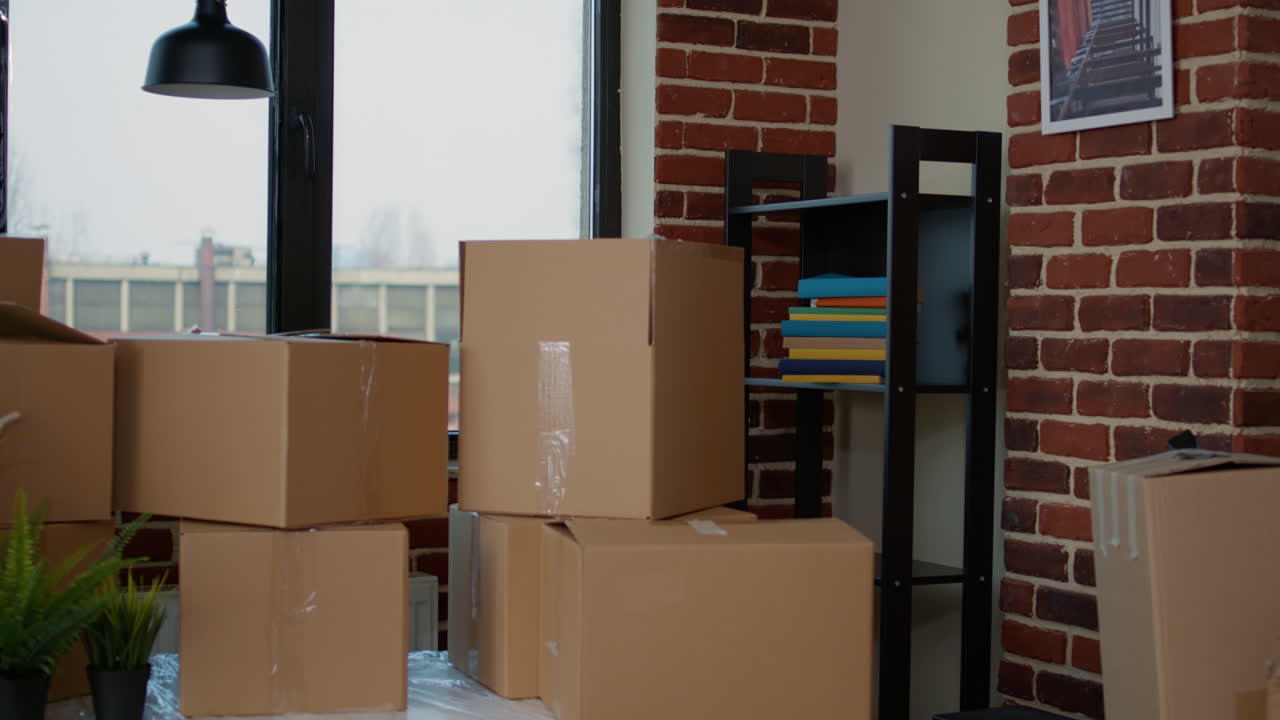 Nobody in empty living room with cardboard packaging