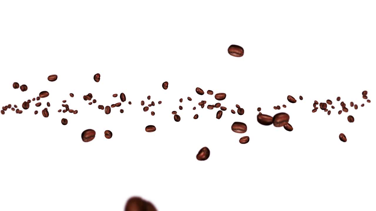 Flying many coffee beans on white background. Caffeine drink, Breakfast, Aroma. 3D animation of roasted coffee beans rotating. Loop animation.