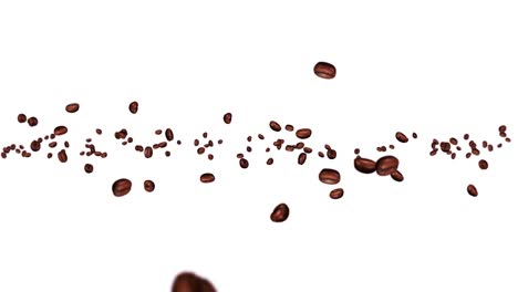 flying many coffee beans on white background. caffeine drink, breakfast, aroma. 3d animation of roasted coffee beans rotating. loop animation.