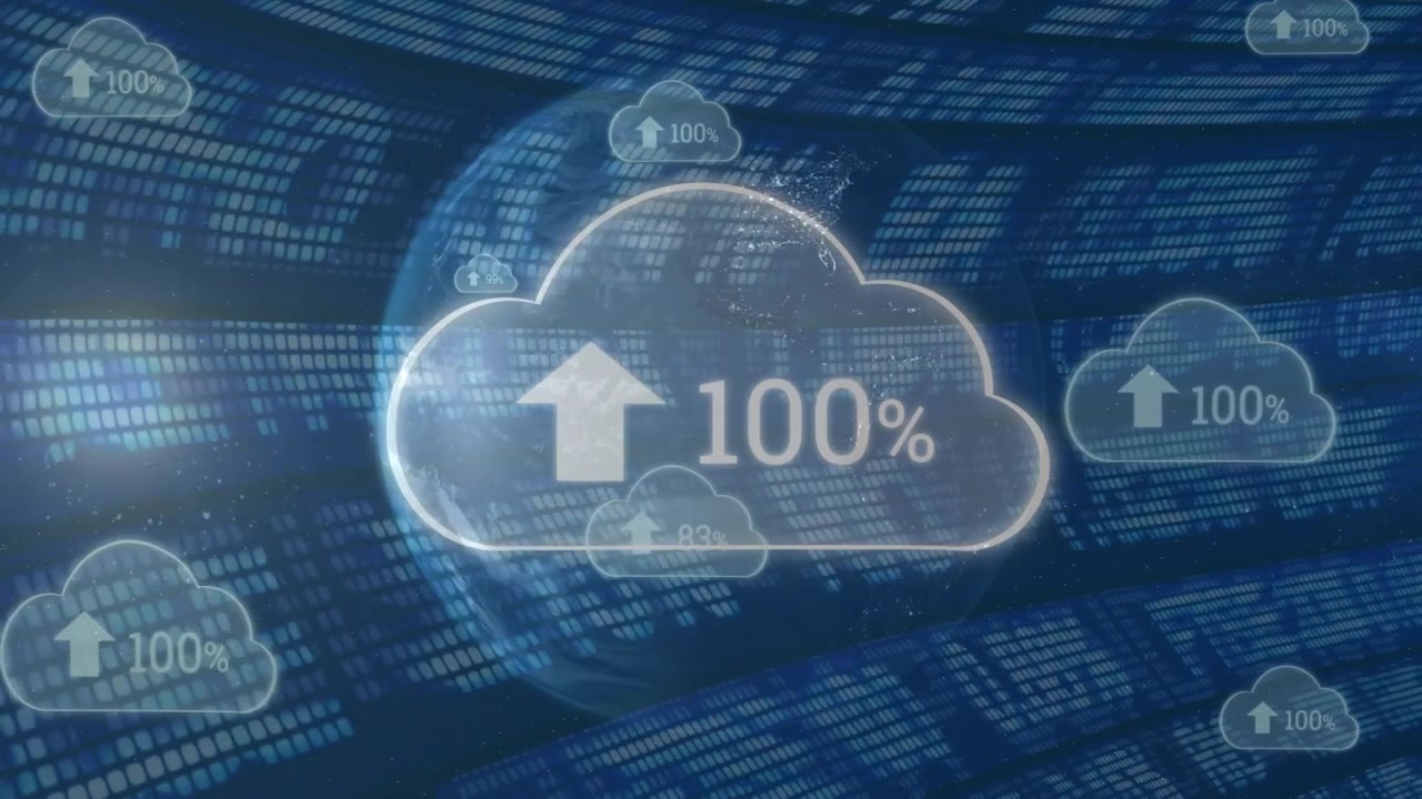 Animation of cloud icons, data processing and stock market over blue background