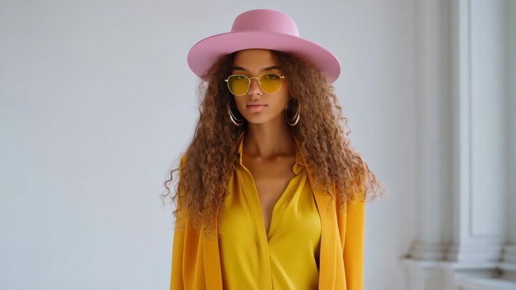 Donna elegante con cappello rosa e completo giallo