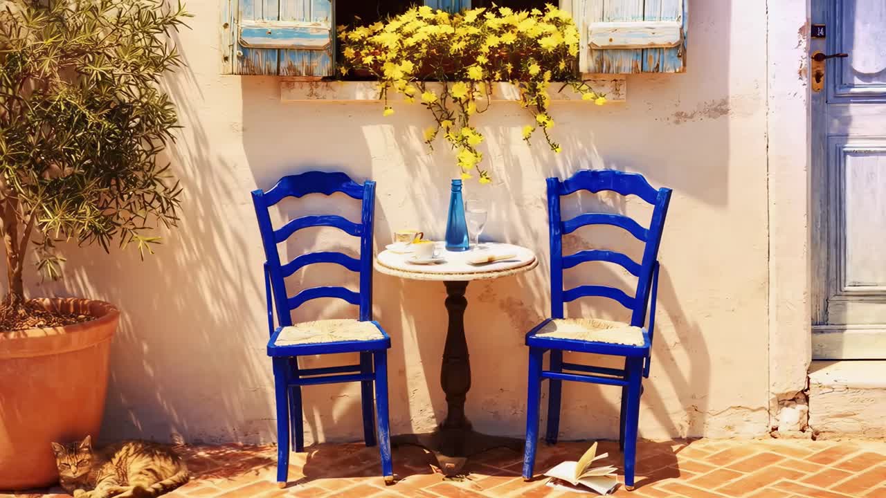 Charmante scène de café en plein air avec des chaises bleues, capturée au niveau des yeux, parfaite pour une vidéo chaleureuse, en direct