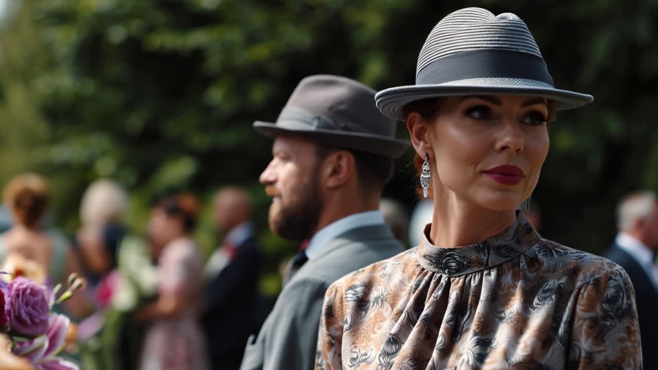 Elegant couple wears vintage hats at garden event. Woman gazes thoughtfully, lips slightly parted. Man stands beside her, looking forward. Flowers bloom behind them, soft-focus background