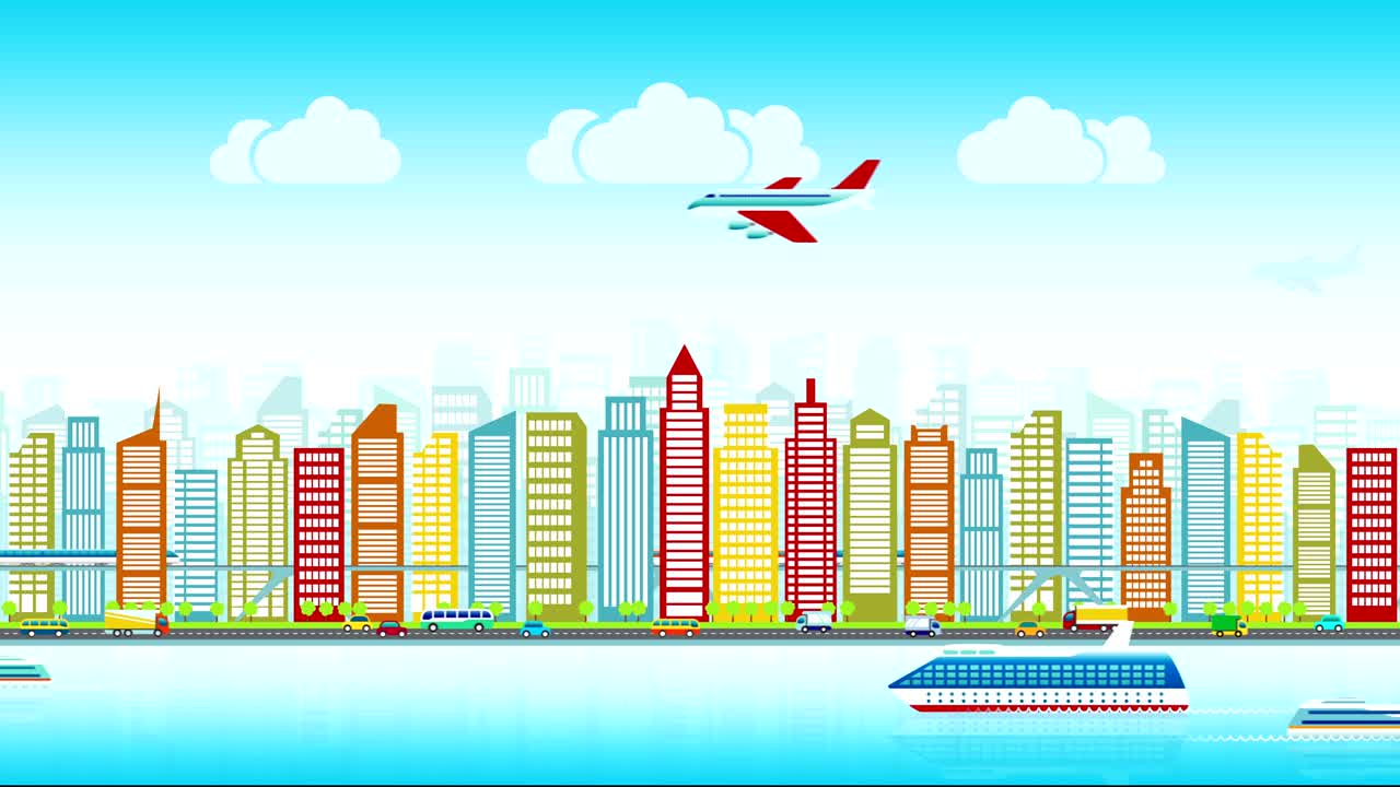 Skyline colorato della città con traffico di vari veicoli (treno, aereo, auto, nave) in stile piatto, paesaggio urbano, loop continuo.