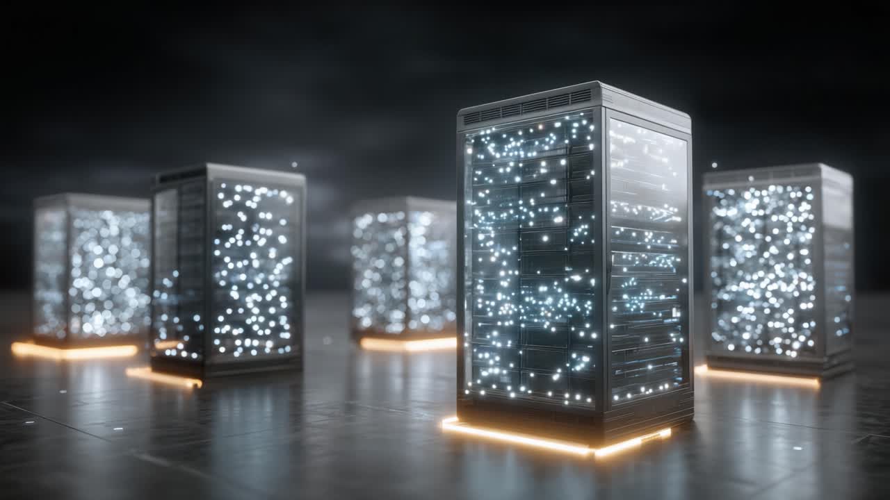 High-Tech Data Centers with Illuminated Server Racks Showcasing Advanced Technology in a Darkened Environment, Ideal for Cloud Computing and Data Storage Solutions