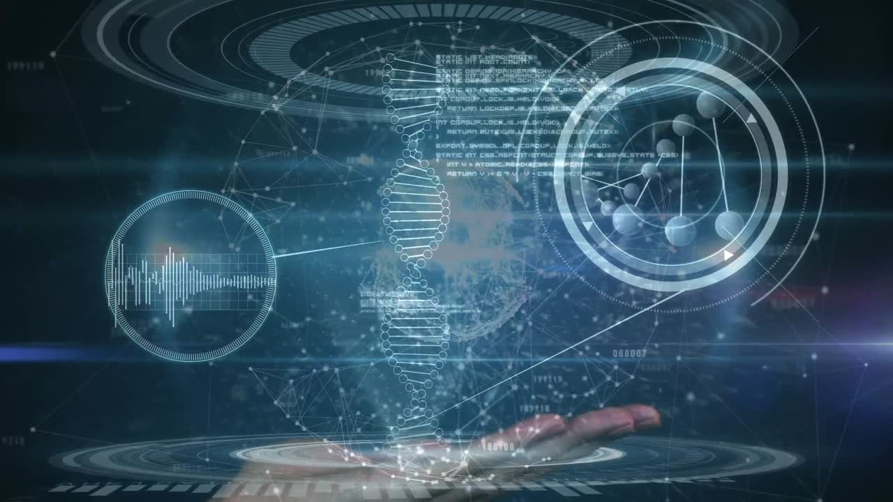 과학적 데이터 처리를 통해 dna 가닥을 회전시키는 애니메이션