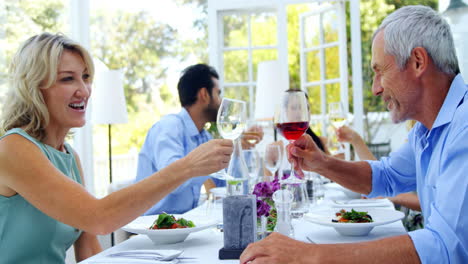 two friends toasting glasses of wine in restaurant