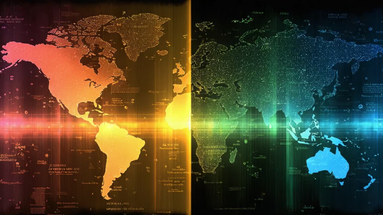 Glowing, colorful world map changing from a pixelated, multi colored surface to a solid orange and blue design, featuring scanning light effects and animated digital data in the background