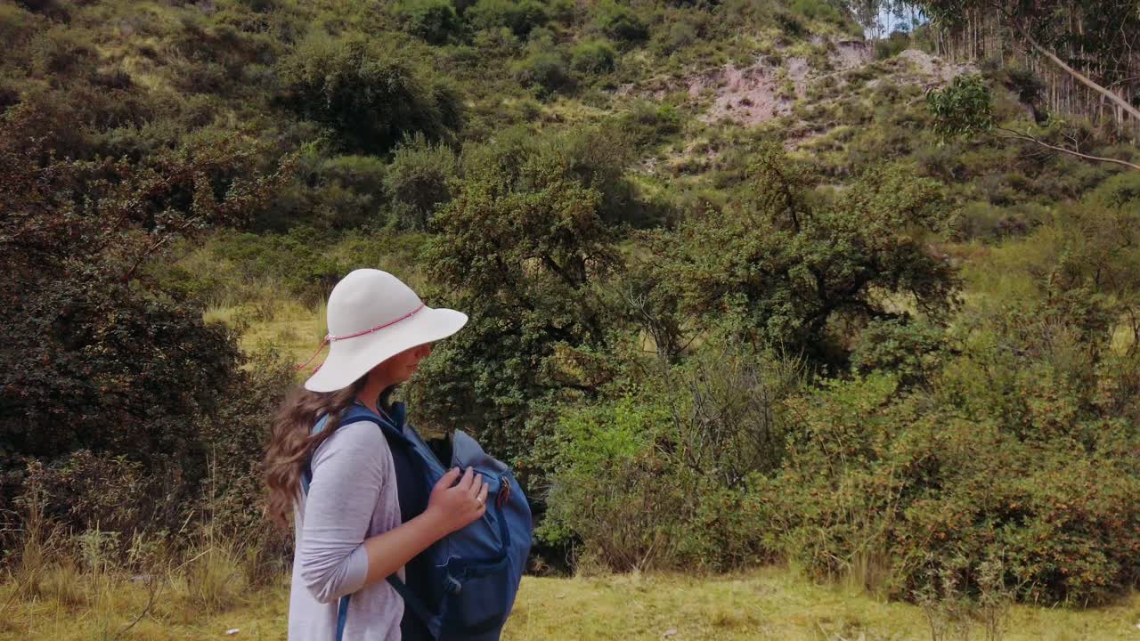 Tilt-down shot reveals a woman with a backpack and a black cat walking along the green Inca trail from Puka Pukara to Inkilltambo near Cusco, Peru.