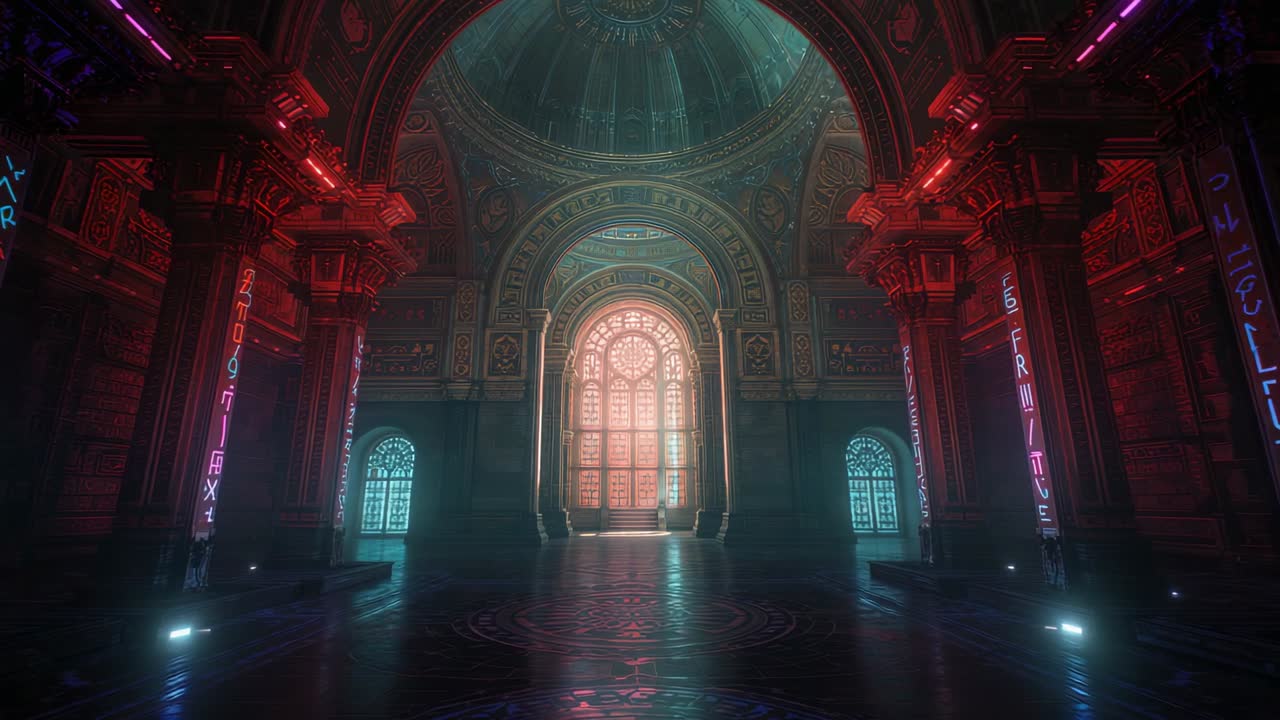 Starting playback camera capturing arched window and columns in hall, with neon-lit glyph panels