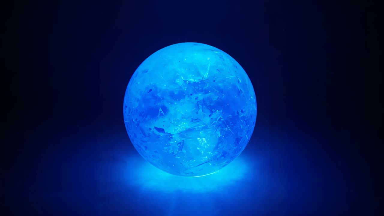 Glowing spherical lamp on tabletop, shifting from deep blue to bright white as sequence continues