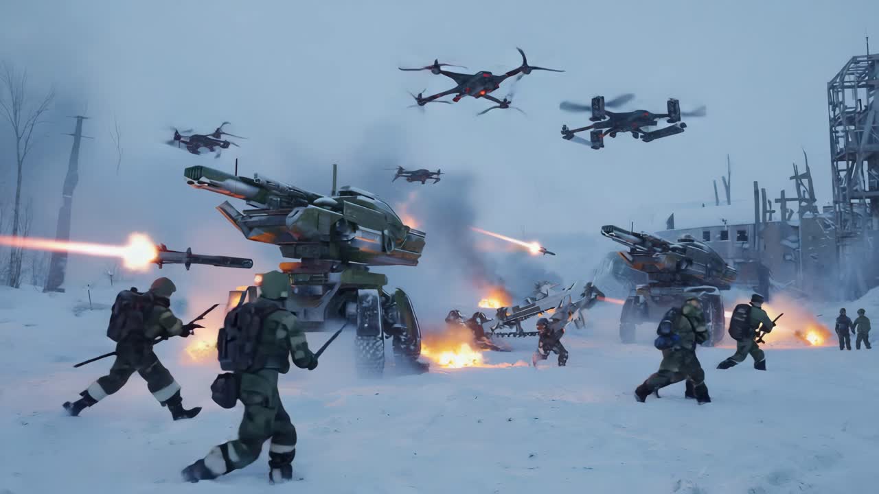 Futuristic Battlefield with Soldiers and Drones