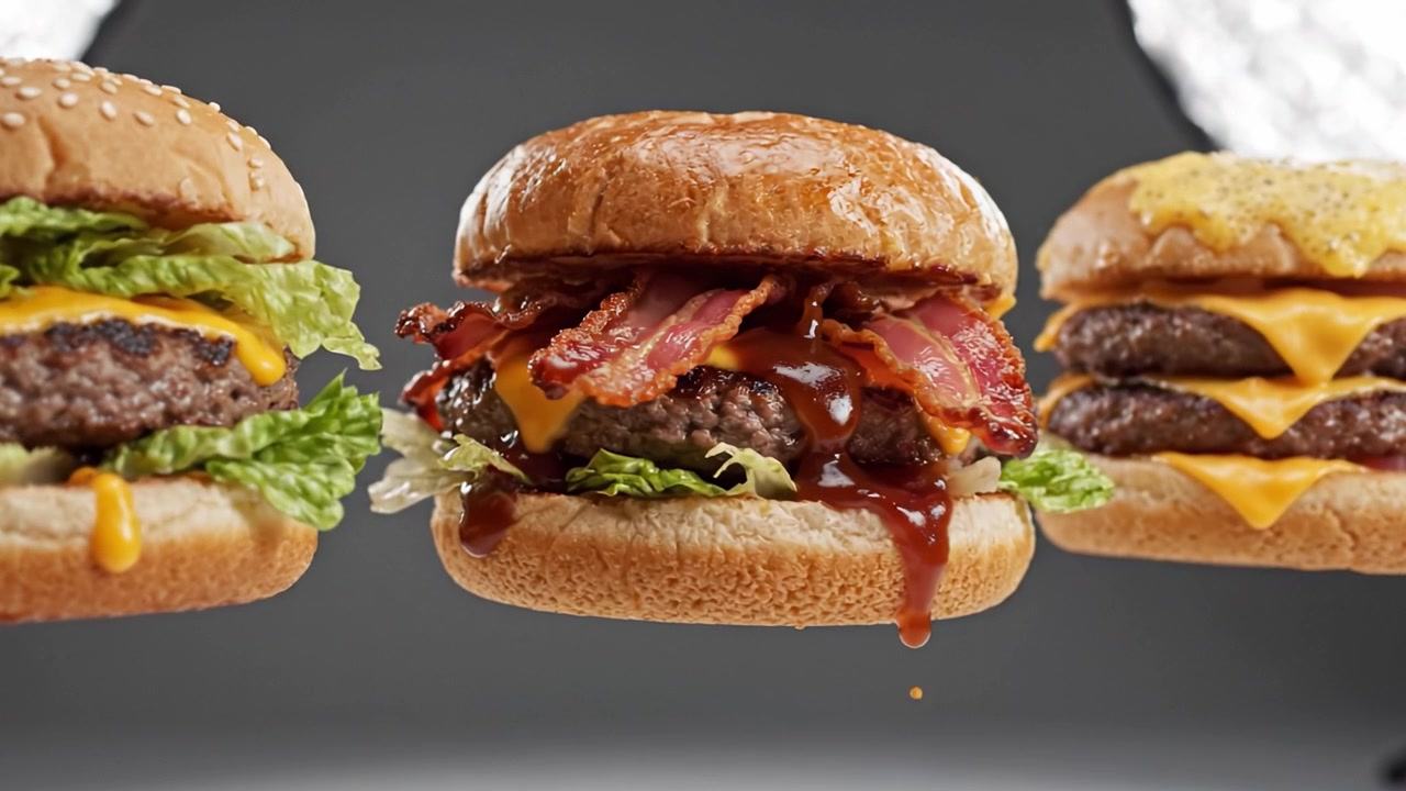 Una deliziosa composizione di succulenti hamburger con formaggio, pancetta e verdure fresche, che mette in mostra ingredienti saporiti e consistenze invitanti in una presentazione accattivante.