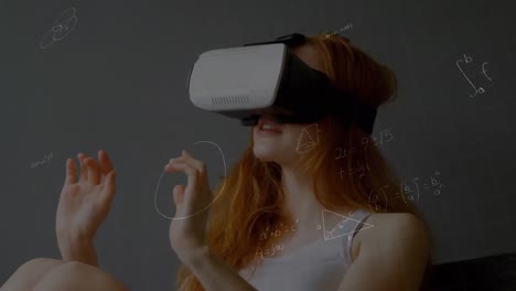animación de dibujos matemáticos y ecuaciones sobre mujer usando auriculares vr