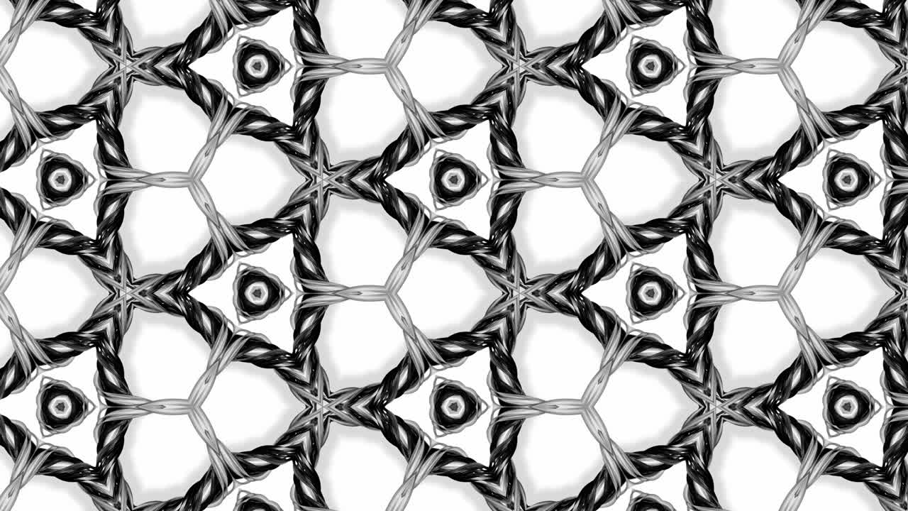 4k seamless looped animation of black and white pattern with ribbons are twisted and formed complex circular structures like symmetric ornament pattern or kaleidoscopic