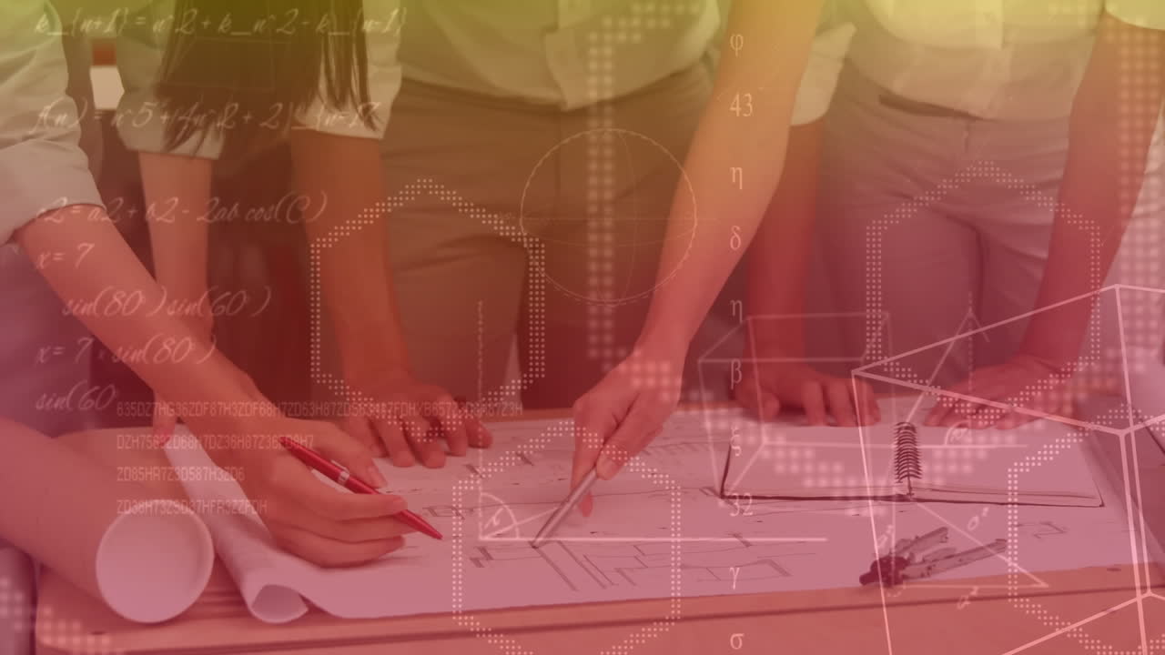 함께 일하는 건축가 그룹에 대한 수학적 데이터 처리의 애니메이션