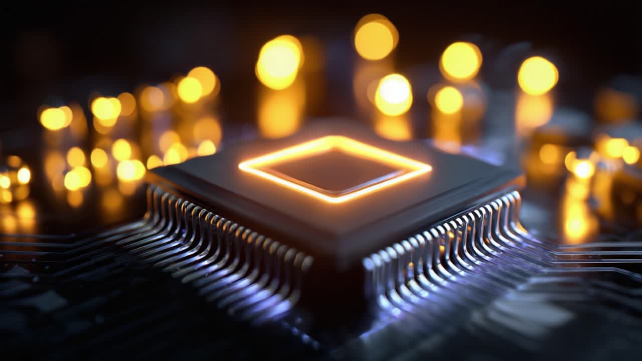 Close-up View of a Modern Microprocessor with Glowing Elements on a Circuit Board Showcasing the Intricate Design and Technology Behind Computing Power